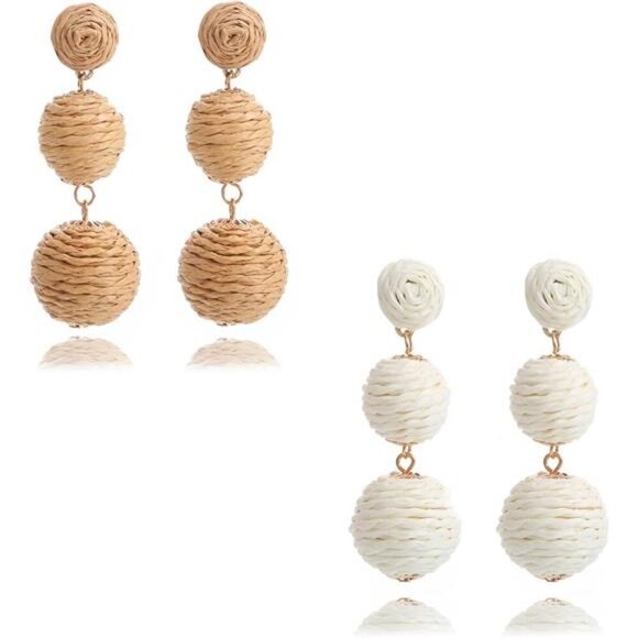 Boho Double Ball Drop Earrings – Woven Rattan Statement Earrings, Set of 2 pair - Picture 1 of 7